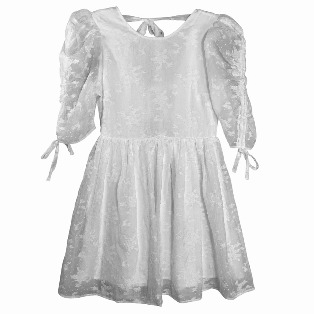 Lush White Floral Lace Swiss Dot Puff Sleeve Open Back Mini Dress size Medium